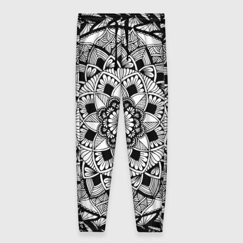 Женские брюки с принтом Мандала зенарт чёрно-белая, вид спереди №1