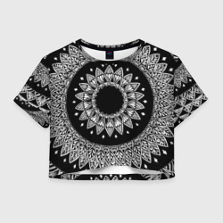 Мандала черно-белая с лепестками – Женская футболка Crop-top 3D с принтом купить