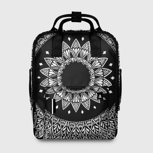 Женский рюкзак с принтом Мандала черно-белая с лепестками, вид спереди №1