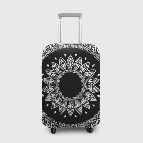 Чехол для чемодана с принтом Мандала черно-белая с лепестками, вид спереди №1