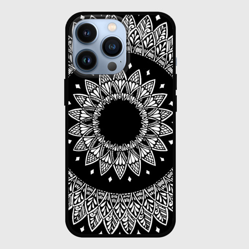 Чехол для iPhone 13 Pro с принтом Мандала черно-белая с лепестками, вид спереди №1