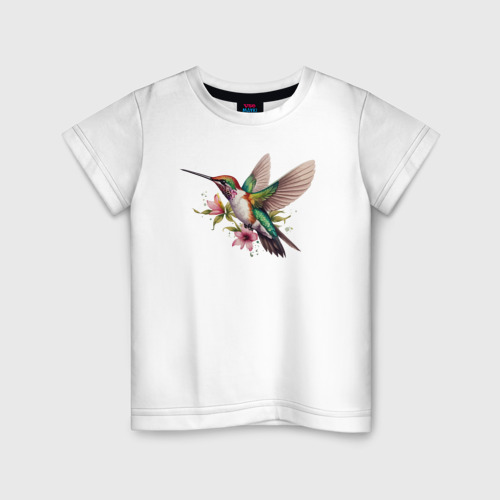 Детская футболка из хлопка с принтом Колибри на цветке, вид спереди №1