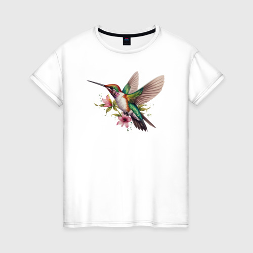 Женская футболка из хлопка с принтом Колибри на цветке, вид спереди №1