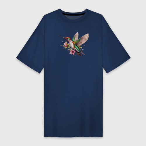 Платье-футболка из хлопка с принтом Колибри на цветке, вид спереди №1