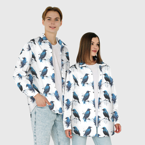 Женская рубашка oversize 3D Чёрно-синие вороны и капли краски, цвет белый - фото 6