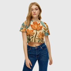 Женская футболка Crop-top 3D Мозаика осенняя листва в теплых тонах - фото 2
