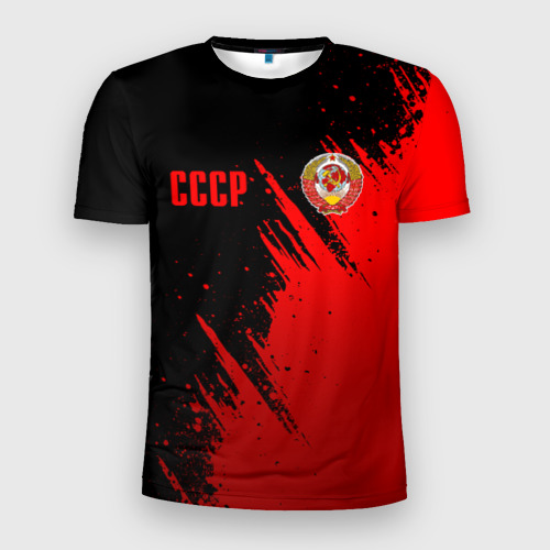 Мужская приталенная футболка с принтом СССР - черно-красный, вид спереди №1