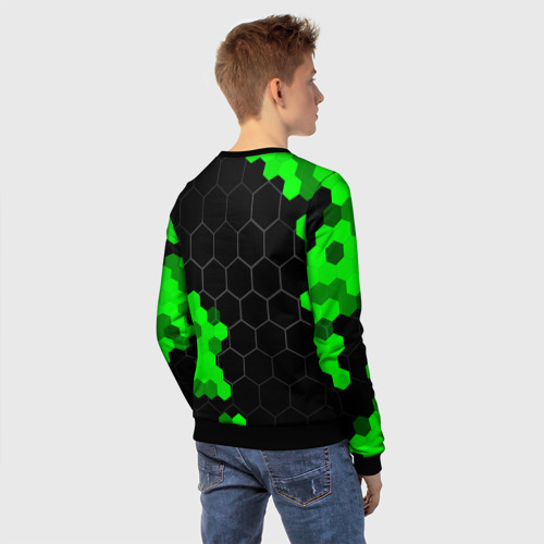 Детский свитшот 3D с принтом Tesla green sport hexagon, вид сзади #2