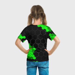 Футболка с принтом Tesla green sport hexagon для ребенка, вид на модели сзади №3. Цвет основы: белый