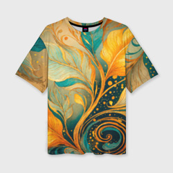 Женская футболка oversize 3D Золотые и бирюзовые листья абстракция
