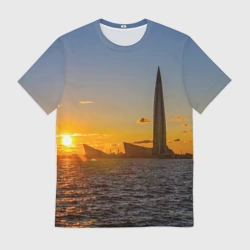 Мужская футболка 3D Здание Лахта-центра на фоне заката Санкт-Петербург