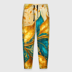Мужские брюки 3D Листья абстрактные золото и бирюза