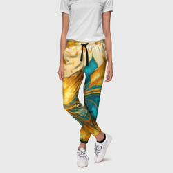Женские брюки 3D Листья абстрактные золото и бирюза - фото 2