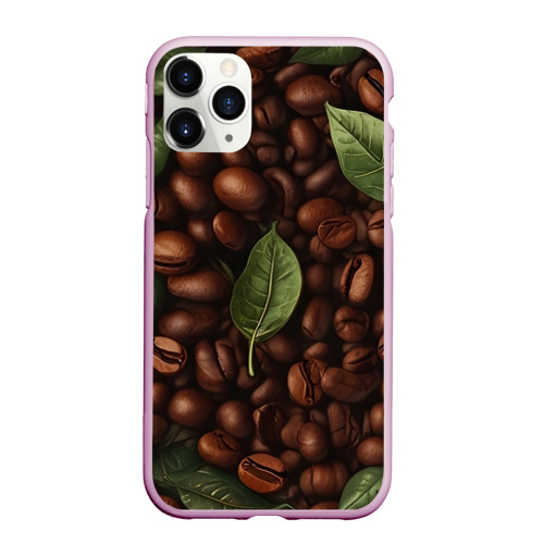 Чехол для iPhone 11 Pro матовый с принтом Кофейные зёрна с листьями, вид спереди №1