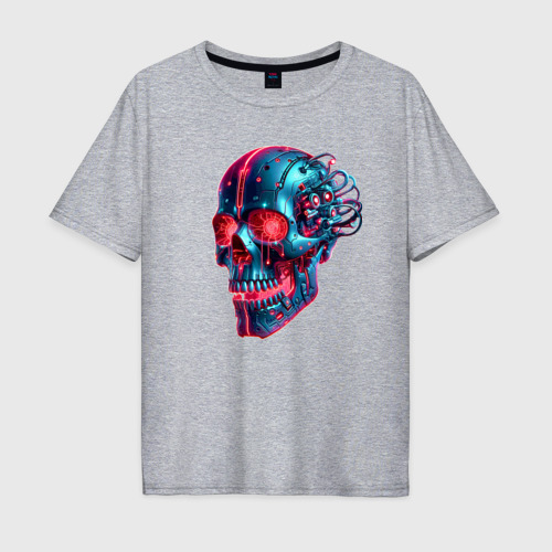 Мужская футболка хлопок Oversize с принтом Metal cyber skull - ai art, вид спереди #2