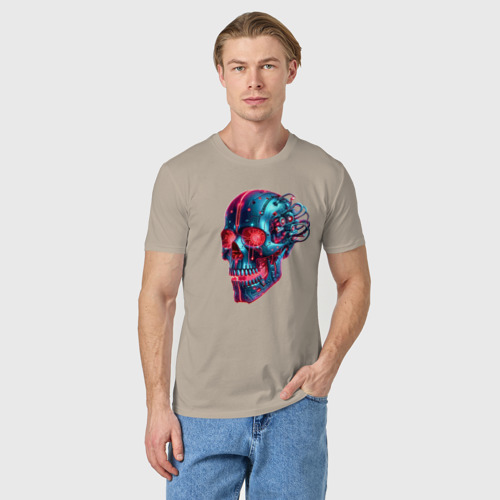Мужская футболка хлопок с принтом Metal cyber skull - ai art, фото на моделе #1