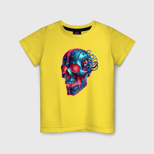 Детская футболка хлопок с принтом Metal cyber skull - ai art, вид спереди #2