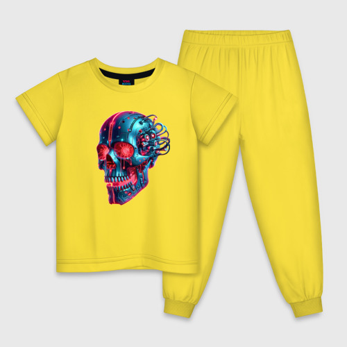 Детская пижама хлопок с принтом Metal cyber skull - ai art, вид спереди #2