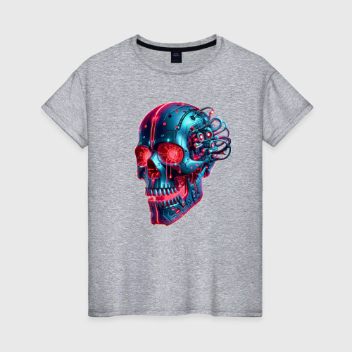 Женская футболка хлопок с принтом Metal cyber skull - ai art, вид спереди #2