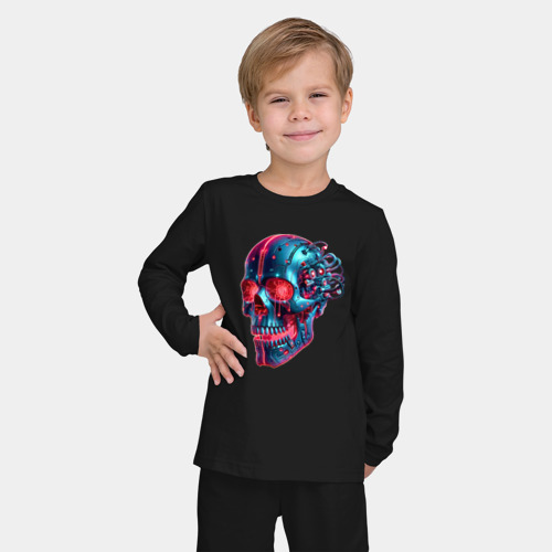 Детская пижама с лонгсливом хлопок с принтом Metal cyber skull - ai art, фото на моделе #1