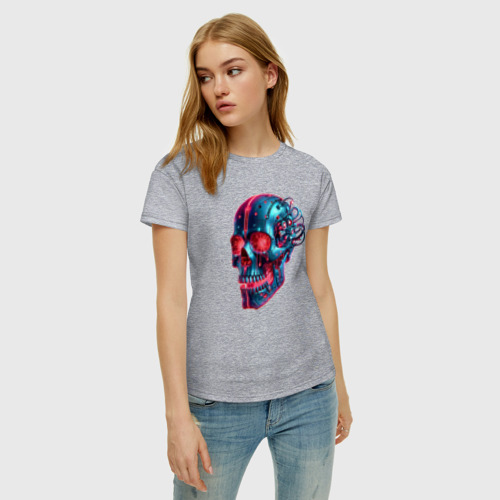 Женская футболка хлопок с принтом Metal cyber skull - ai art, фото на моделе #1