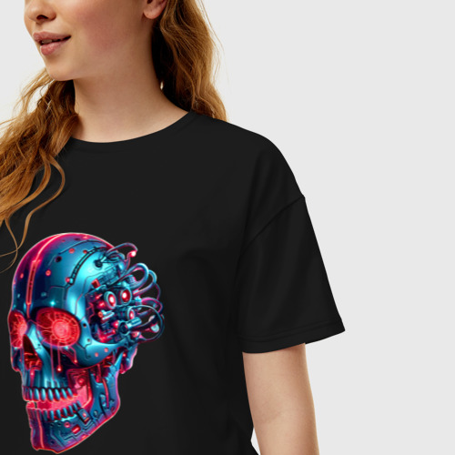 Женская футболка хлопок Oversize с принтом Metal cyber skull - ai art, фото на моделе #1