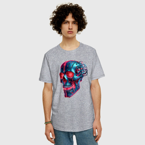 Мужская футболка хлопок Oversize с принтом Metal cyber skull - ai art, фото на моделе #1