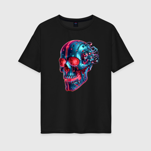 Женская футболка хлопок Oversize с принтом Metal cyber skull - ai art, вид спереди #2
