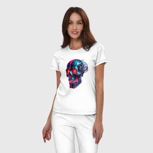 Женская пижама хлопок с принтом Metal cyber skull - ai art, фото на моделе #1