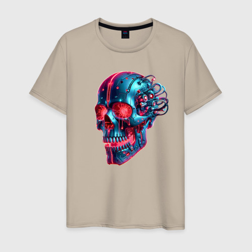 Мужская футболка хлопок с принтом Metal cyber skull - ai art, вид спереди #2