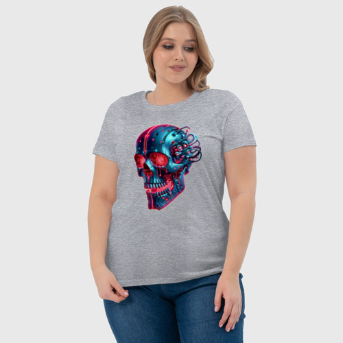 Женская футболка хлопок с принтом Metal cyber skull - ai art, фото #4