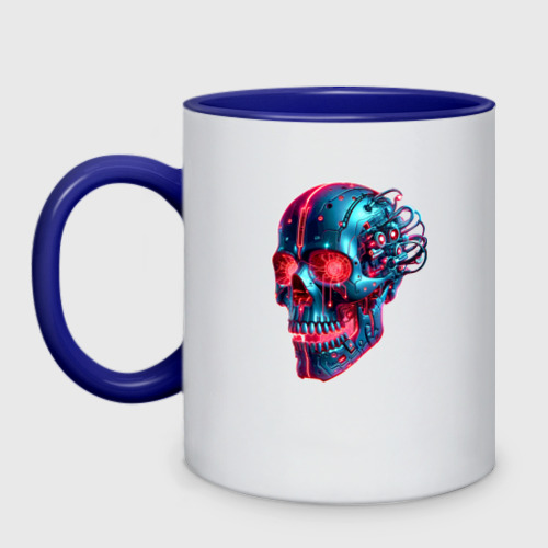 Кружка двухцветная с принтом Metal cyber skull - ai art, вид спереди #2