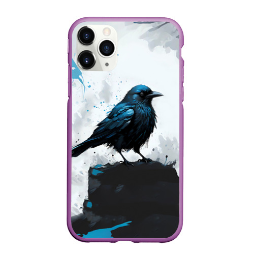 Чехол для iPhone 11 Pro Max матовый с принтом Ворон с чёрно-голубым оперением, вид спереди #2