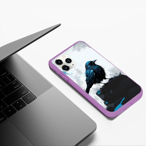 Чехол для iPhone 11 Pro Max матовый с принтом Ворон с чёрно-голубым оперением, фото #5