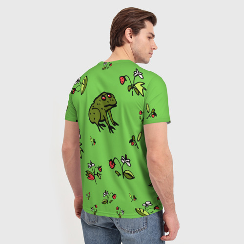 Мужская футболка 3D с принтом Лягушка на земляничной поляне, вид сзади #2