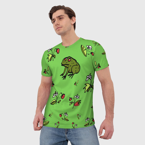 Мужская футболка 3D с принтом Лягушка на земляничной поляне, фото на моделе #1