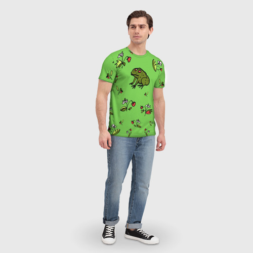 Мужская футболка 3D с принтом Лягушка на земляничной поляне, вид сбоку #3
