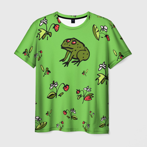 Мужская футболка 3D с принтом Лягушка на земляничной поляне, вид спереди #2