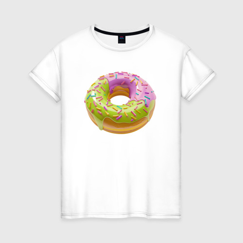 Женская футболка из хлопка с принтом Сладкий пончик - вкусный донат, вид спереди №1