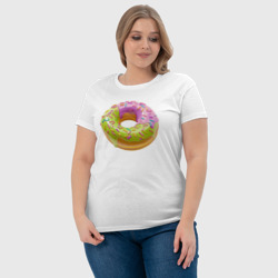 Футболка с принтом Сладкий пончик - вкусный донат для женщины, вид на модели спереди №4. Цвет основы: белый