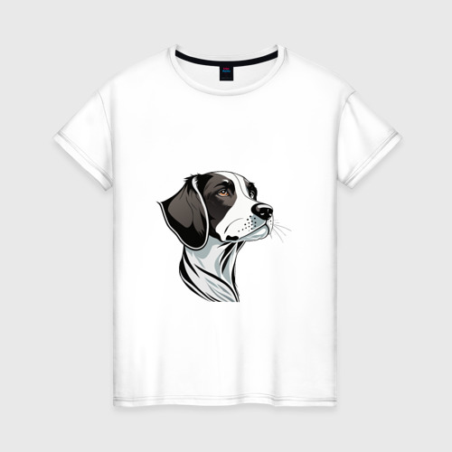Женская футболка из хлопка с принтом Портрет пойнтера, вид спереди №1