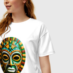 Футболка с принтом Яркая африканская маска для женщины, вид на модели спереди №2. Цвет основы: белый