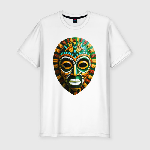 Мужская приталенная футболка из хлопка с принтом Яркая африканская маска, вид спереди №1