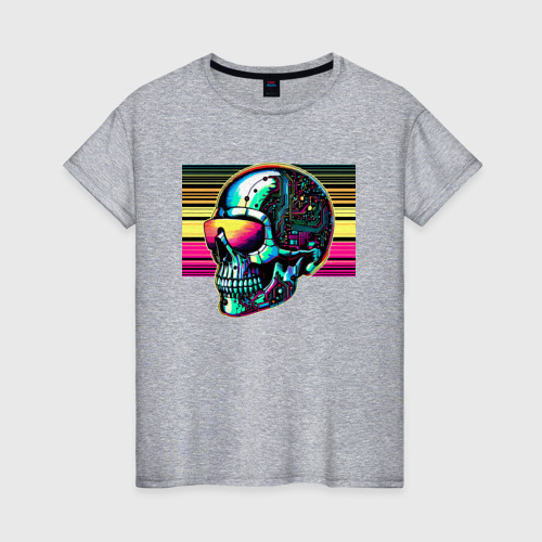 Женская футболка хлопок с принтом Cyber skull - fantasy ai art, вид спереди #2