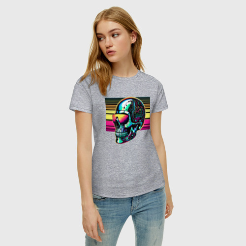 Женская футболка хлопок с принтом Cyber skull - fantasy ai art, фото на моделе #1