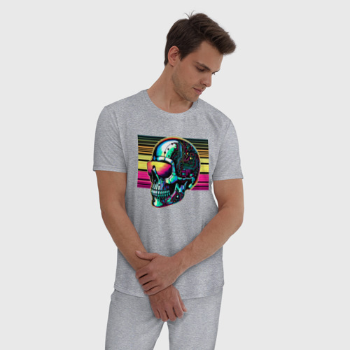 Мужская пижама хлопок с принтом Cyber skull - fantasy ai art, фото на моделе #1