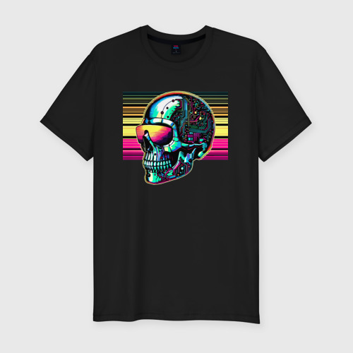Мужская футболка хлопок Slim с принтом Cyber skull - fantasy ai art, вид спереди #2
