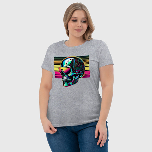 Женская футболка хлопок с принтом Cyber skull - fantasy ai art, фото #4