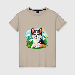 Щенок среди травы и цветов – Женская футболка хлопок с принтом купить со скидкой в -20%