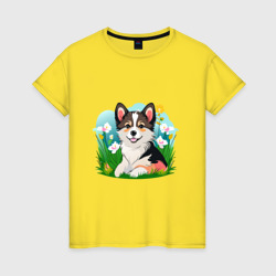 Женская футболка хлопок Щенок среди травы и цветов